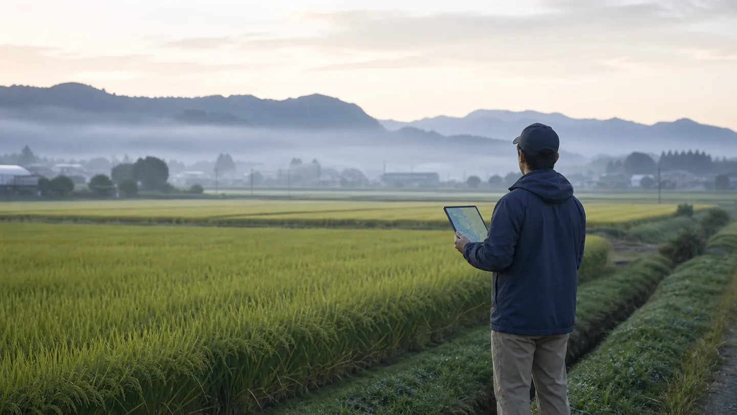 収穫前の農地をタブレットで確認する調査員