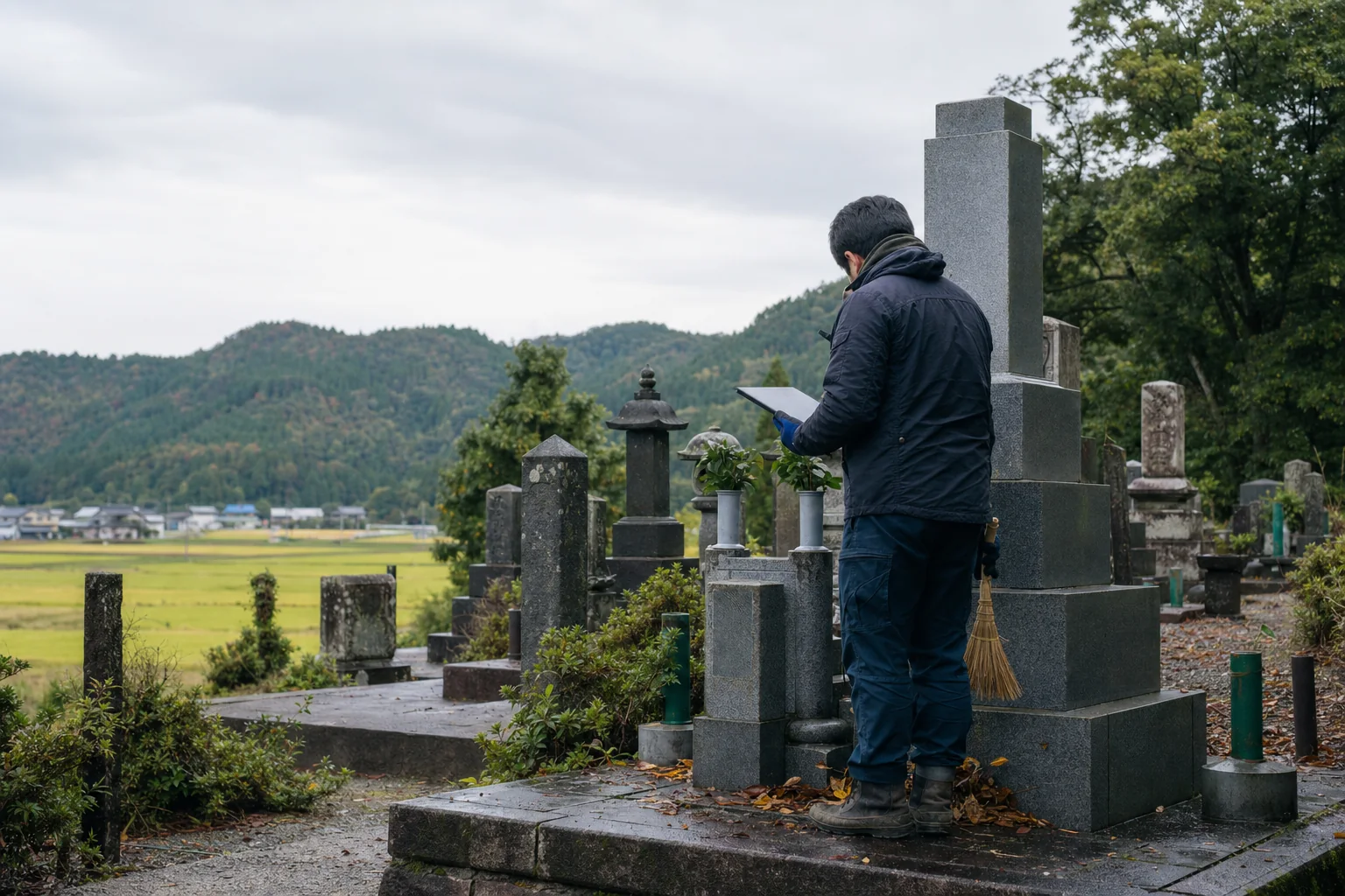新潟の墓地で墓石まわりの現況を記録する作業者